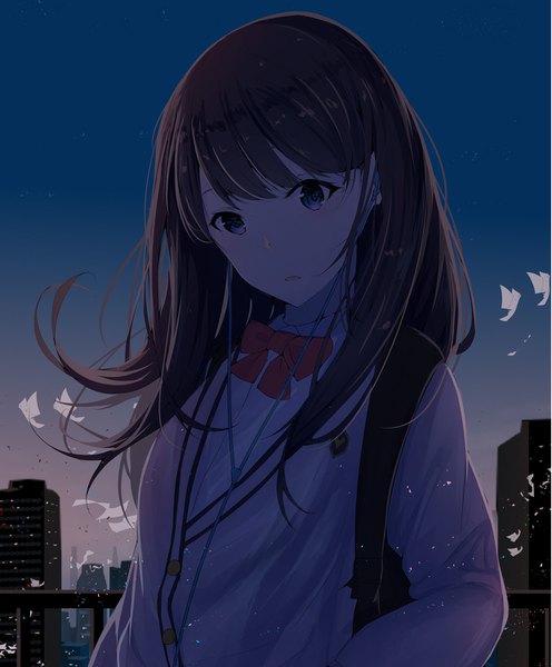 Anime picture 1240x1500 with gridman universe ssss.gridman studio trigger takarada rikka re:rin single long hair tall image looking at viewer fringe blue eyes brown hair upper body outdoors parted lips wind night city evening cityscape