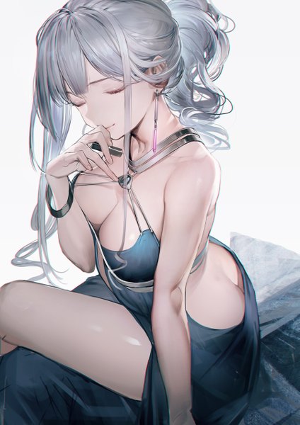 Anime picture 900x1273 with girls frontline ak-12 (girls frontline) liduke single long hair tall image fringe breasts light erotic simple background smile large breasts sitting bare shoulders cleavage silver hair ponytail eyes closed fingernails arm support