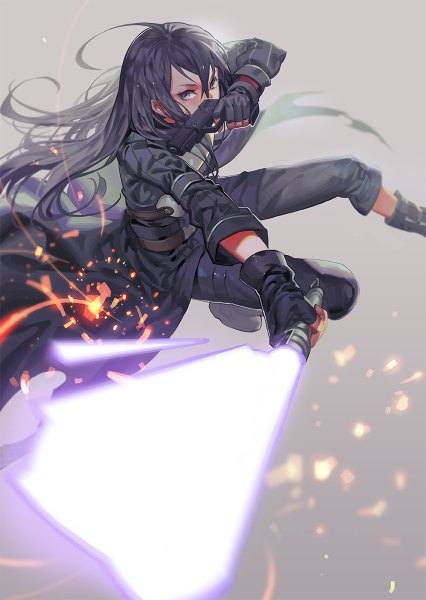 Anime picture 852x1200 with sword art online a-1 pictures kirigaya kazuto alphonse (white datura) single long hair tall image looking at viewer blue eyes black hair hair between eyes grey background boy gloves weapon sword boots fingerless gloves gun cloak