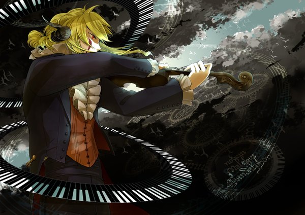 Anime picture 1500x1062 with pop'n music wilhelm (pop'n music) blonde hair red eyes sky cloud (clouds) horn (horns) facial mark face paint boy animal bird (birds) suit musical instrument piano violin tuxedo