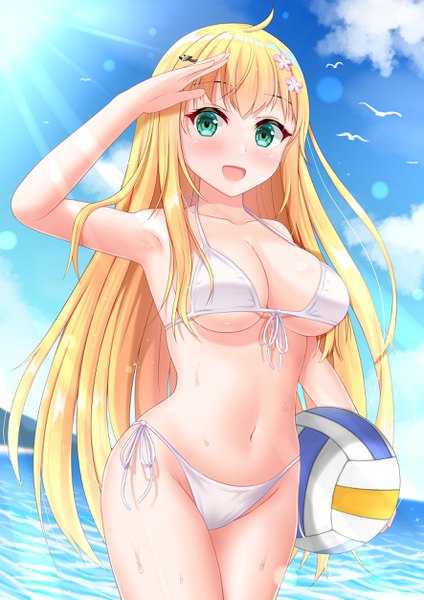 Anime picture 1771x2508 with original yokami single long hair tall image looking at viewer blush fringe highres breasts open mouth light erotic blonde hair smile standing bare shoulders holding payot sky cloud (clouds)