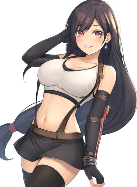 Anime picture 800x1088 with final fantasy final fantasy vii square enix tifa lockhart tiphereth single long hair tall image looking at viewer blush fringe breasts light erotic black hair simple background smile large breasts standing white background brown eyes