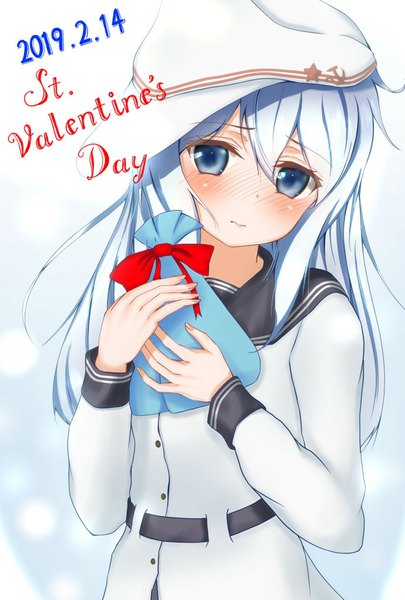 Anime picture 689x1020 with kantai collection hibiki destroyer verniy destroyer rinsu (rins10215) single long hair tall image looking at viewer blush fringe blue eyes simple background hair between eyes standing holding silver hair head tilt embarrassed dated valentine