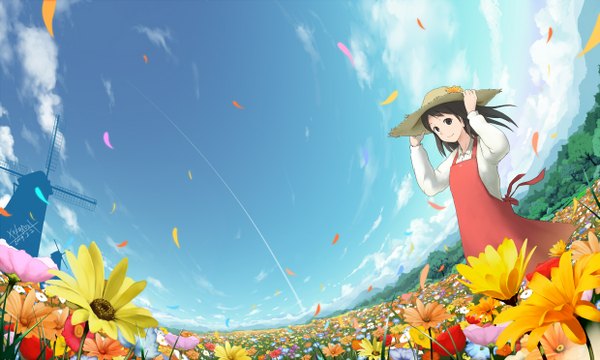 Anime picture 1240x744 with original xxkuroxx short hair smile brown hair wide image sky cloud (clouds) light smile black eyes girl flower (flowers) hat petals apron straw hat windmill cosmos (flower)