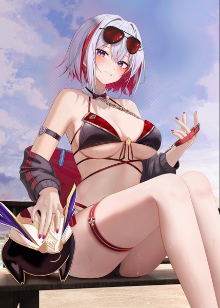 Anime picture 4441x6213 with honkai: star rail honkai (series) topaz (honkai: star rail) numby (honkai: star rail) trotter (honkai: star rail) ru zhai single tall image looking at viewer blush fringe highres short hair breasts blue eyes light erotic smile hair between eyes large breasts sitting