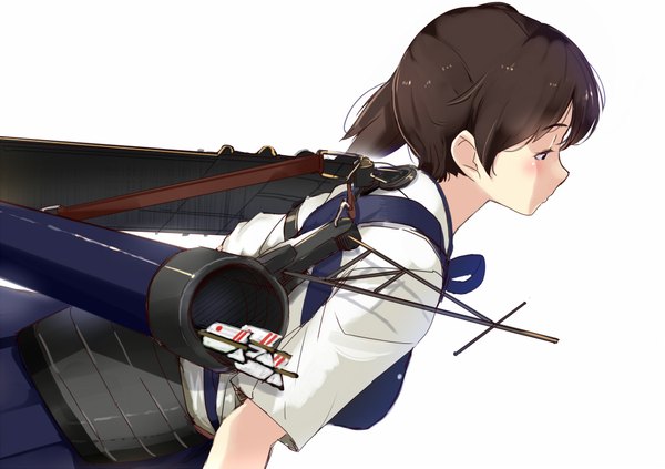 Anime picture 2000x1413 with kantai collection kaga aircraft carrier akasaai single blush fringe highres short hair simple background brown hair white background looking away traditional clothes japanese clothes profile side ponytail girl armor arrow (arrows)