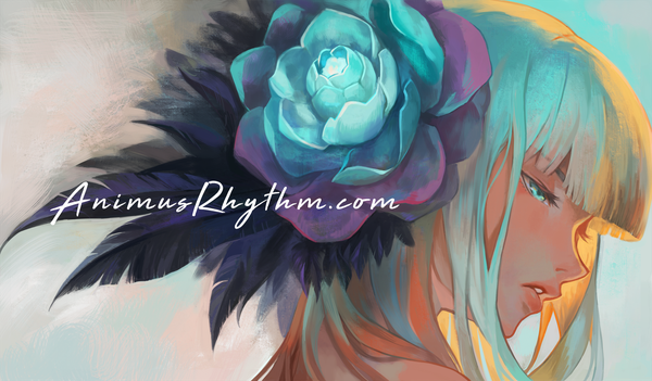 Anime-Bild 1800x1055 mit original ox-miruku single long hair fringe highres simple background wide image upper body blunt bangs parted lips profile hair flower aqua eyes aqua hair text face girl flower (flowers) feather (feathers)