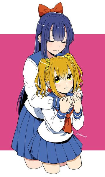 Anime picture 1000x1682 with poptepipic pipimi popuko utenmp long hair tall image fringe short hair blonde hair hair between eyes twintails multiple girls signed yellow eyes payot blue hair eyes closed pleated skirt hug twitter username