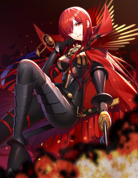 Anime picture 930x1200 with fate (series) fate/grand order koha-ace oda nobunaga (fate) (all) oda nobunaga (maou avenger) (fate) ririko (zhuoyandesailaer) single long hair tall image looking at viewer fringe breasts simple background red eyes holding bent knee (knees) red hair parted lips head tilt hair over one eye