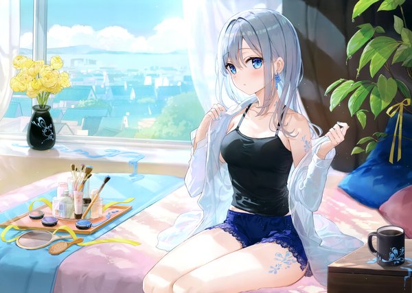 Anime picture 4866x3459 with original fuumi (radial engine) single long hair looking at viewer blush fringe highres open mouth blue eyes hair between eyes sitting absurdres sky silver hair cloud (clouds) indoors nail polish scan off shoulder