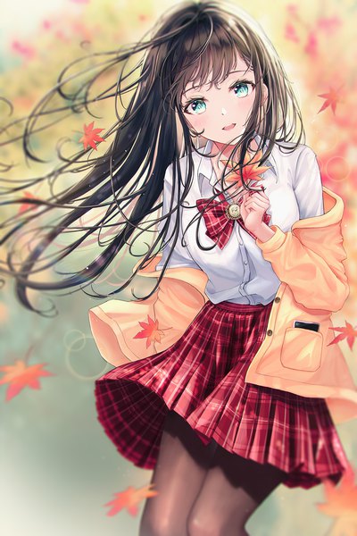 Anime picture 1200x1802 with original kottungyang single long hair tall image looking at viewer blush fringe open mouth blue eyes black hair smile standing holding head tilt :d pleated skirt wind blurry off shoulder