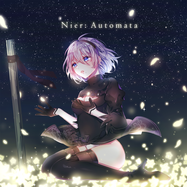 Anime picture 1500x1500 with nier nier:automata yorha no. 2 type b shina (sbk951121) single fringe short hair blue eyes light erotic hair between eyes sitting looking away silver hair full body outdoors parted lips night mole arms up sparkle