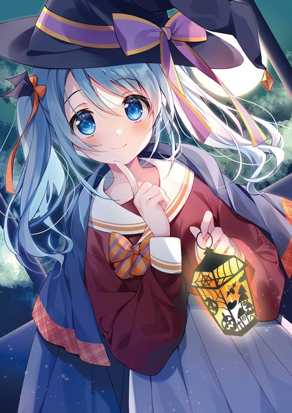 Anime picture 1357x1920 with original sesera (suimya) suimya single long hair tall image looking at viewer blush fringe blue eyes smile hair between eyes twintails blue hair outdoors dutch angle halloween girl uniform hat