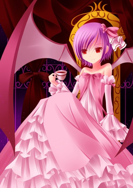 Anime picture 2892x4091 with touhou remilia scarlet single tall image highres short hair red eyes bare shoulders purple hair bat wings girl dress detached sleeves wings