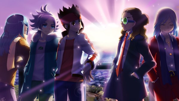 Anime picture 1920x1080 with inazuma eleven inazuma eleven go kazemaru ichirouta fubuki shirou endou mamoru kidou yuuto ishido shuuji erian long hair fringe highres short hair blue eyes smile brown hair wide image signed blue hair purple hair eyes closed