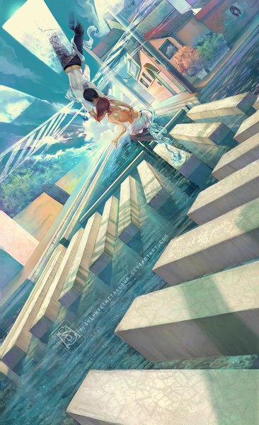 Anime picture 795x1300 with original sylphielmetallium tall image short hair black hair brown hair sky cloud (clouds) bent knee (knees) from behind couple hug angel wings face to face upside down river weightlessness falling street crosswalk