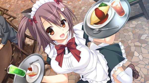 Anime picture 1280x720 with lautes alltags kasahara himari sorai shin'ya single looking at viewer blush fringe breasts open mouth wide image twintails brown eyes animal ears game cg from above cat ears short sleeves maid waitress girl