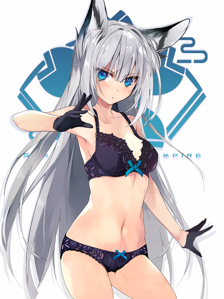 Anime picture 750x1000 with azur lane kawakaze (azur lane) shirokitsune single long hair tall image looking at viewer blush fringe breasts blue eyes light erotic simple background hair between eyes standing white background bare shoulders animal ears payot cleavage