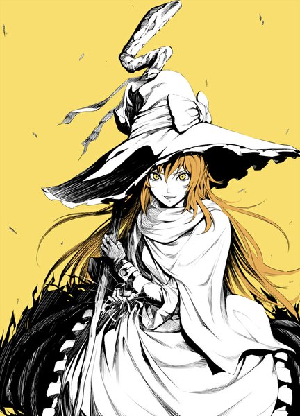 Anime picture 720x1000 with touhou kirisame marisa zucchini single long hair tall image looking at viewer fringe smile brown hair holding yellow eyes wind pale skin yellow background girl dress gloves bow hat
