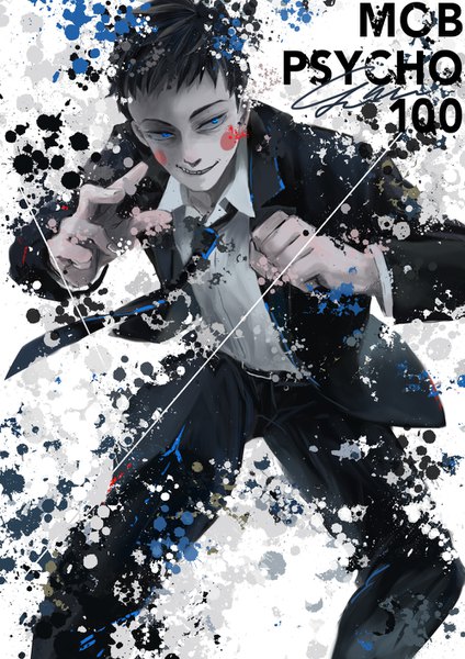 Anime picture 1000x1414 with mob psycho 100 studio bones ekubo (mob psycho 100) ihciuy0211 single tall image short hair blue eyes black hair smile signed copyright name facial mark fighting stance boy necktie suit fist business suit