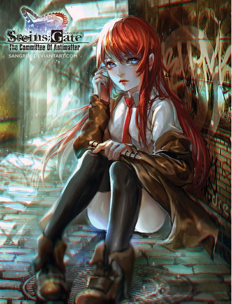 Anime picture 800x1046 with steins;gate white fox makise kurisu sangrde single long hair tall image sitting full body red hair lips lipstick red lipstick alley girl thighhighs black thighhighs necktie jacket boots