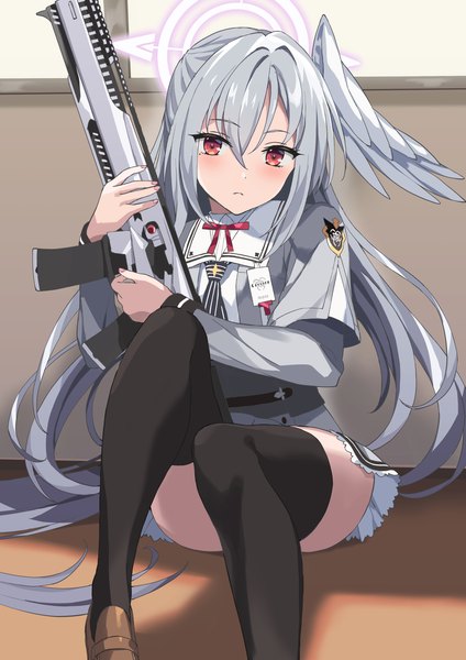 Anime picture 1158x1637 with blue archive suzumi (blue archive) rasahan (artist) single long hair tall image fringe light erotic hair between eyes red eyes sitting silver hair head wings convenient leg girl thighhighs weapon black thighhighs wings gun