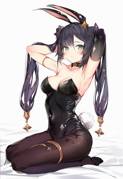 Anime picture 2500x3633 with genshin impact mona megistus silver (chenwen) single long hair tall image looking at viewer blush fringe highres breasts light erotic black hair simple background hair between eyes white background sitting twintails green eyes animal ears