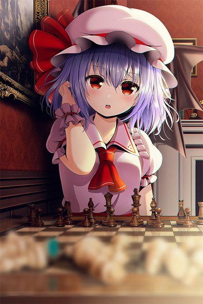 Anime picture 600x900 with touhou remilia scarlet yuuka nonoko single tall image looking at viewer fringe short hair hair between eyes red eyes purple hair indoors adjusting hair girl hat wings bonnet ascot chess chessboard