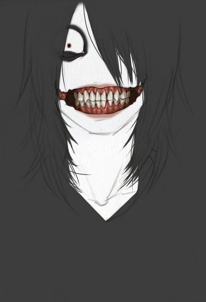 Anime picture 701x1024 with original jack killer tagme (artist) single long hair tall image fringe black hair simple background smile red eyes hair over one eye teeth black background scar pale skin crazy smile crazy boy