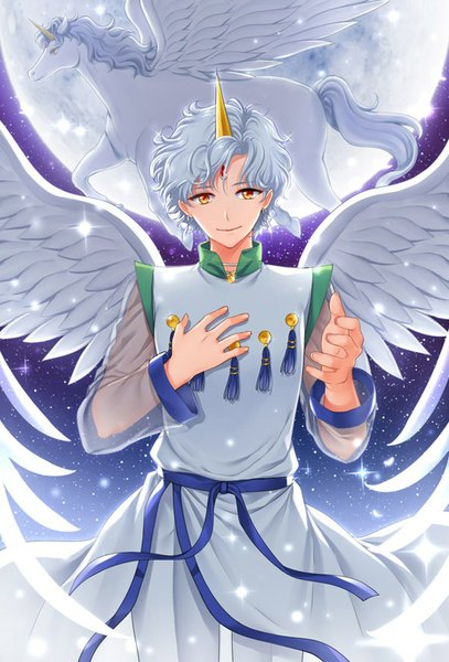 Anime picture 602x886 with bishoujo senshi sailor moon toei animation helios pegasus (sailor moon) shainea single tall image looking at viewer short hair smile yellow eyes horn (horns) grey hair sparkle hand on chest angel wings space boy wings moon