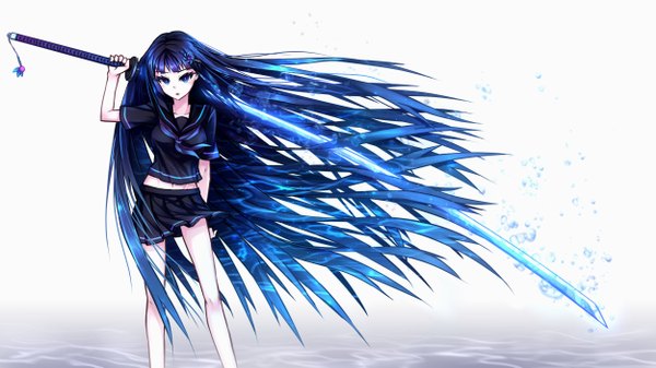 Anime picture 2500x1406 with original samael single long hair looking at viewer highres open mouth blue eyes wide image standing blue hair pleated skirt girl skirt navel uniform hair ornament weapon shirt sword