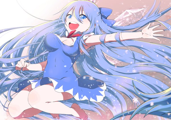 Anime picture 1412x1000 with touhou cirno yamada ranga single looking at viewer breasts open mouth blue eyes large breasts blue hair very long hair barefoot snowing alternate hairstyle jumping alternate hair length girl dress bow hair bow