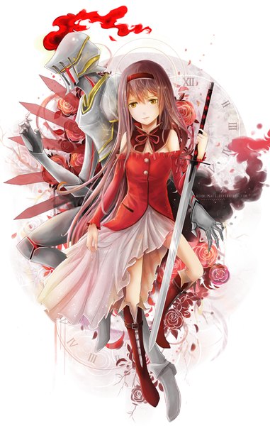 Anime picture 635x1000 with original aionlights long hair tall image yellow eyes pink hair girl dress flower (flowers) weapon sword hairband rose (roses) thigh boots clock