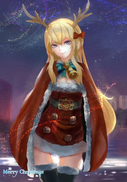 Anime picture 1480x2118 with original magician (china) single long hair tall image looking at viewer fringe breasts blonde hair smile standing purple eyes sky horn (horns) sparkle fur trim christmas revision merry christmas girl