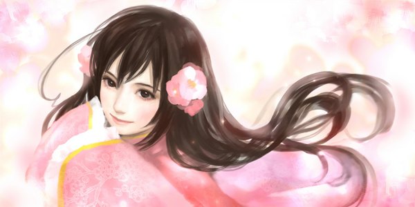 Anime picture 800x400 with axis powers hetalia studio deen taiwan (hetalia) elico (artist) single long hair fringe brown hair wide image brown eyes traditional clothes hair flower light smile wind lips floral print portrait makeup girl hair ornament