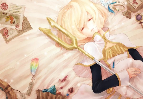 Anime picture 1300x895 with tales of (series) tagme (character) aka tonbo (lovetow) single short hair blonde hair lying eyes closed girl hat bracelet pendant jewelry feather (feathers) crystal paper