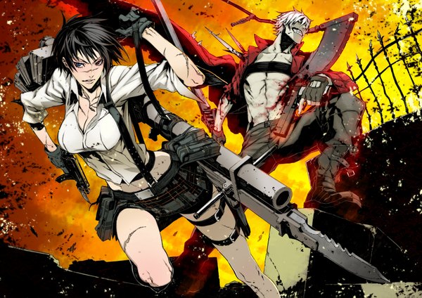 Anime picture 1740x1231 with devil may cry dante (devil may cry) lady (devil may cry) miwa shirow highres short hair breasts black hair white hair open clothes heterochromia scar clenched teeth ruins injury aura girl boy gloves weapon
