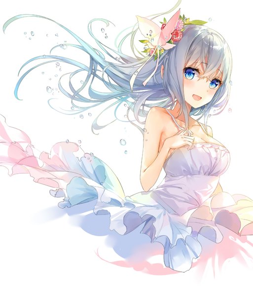 Anime picture 684x800 with original fuumi (radial engine) single long hair tall image looking at viewer blush fringe breasts open mouth blue eyes simple background hair between eyes white background bare shoulders blue hair silver hair upper body multicolored hair hair flower