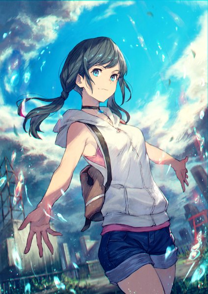 Anime picture 1500x2121 with tenki no ko amano hina (tenki no ko) kusano shinta single long hair tall image looking at viewer fringe blue eyes black hair smile standing twintails bare shoulders cloud (clouds) outdoors sleeveless low twintails spread arms girl