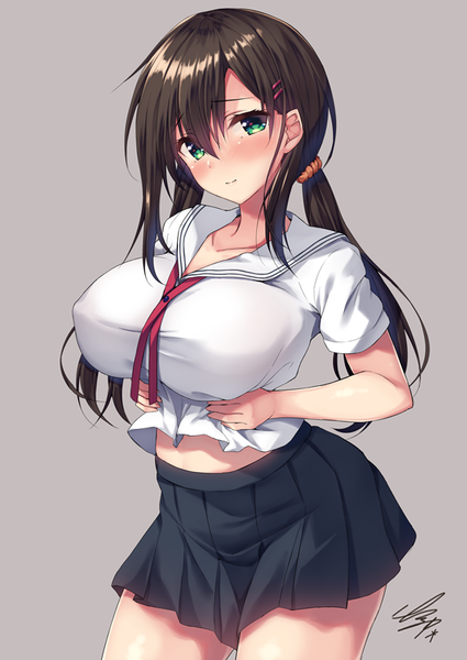 Anime picture 567x800 with original sena chifuyu single long hair tall image looking at viewer blush fringe breasts light erotic simple background hair between eyes brown hair large breasts standing twintails green eyes signed payot pleated skirt