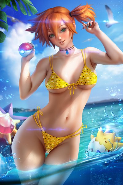Anime picture 3000x4500 with pokemon nintendo pikachu misty (pokemon) togepi staryu ayyasap single tall image looking at viewer blush fringe highres short hair breasts light erotic smile hair between eyes standing holding