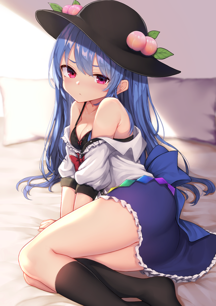 Anime picture 1447x2047 with touhou hinanawi tenshi wowoguni single long hair tall image looking at viewer blush fringe breasts light erotic red eyes sitting bare shoulders blue hair cleavage full body ass indoors off shoulder