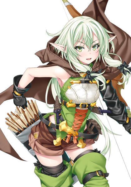 Anime picture 1175x1677 with goblin slayer! high elf archer (goblin slayer!) kannatsuki noboru single long hair tall image looking at viewer blush fringe open mouth simple background hair between eyes standing white background holding green eyes payot green hair pointy ears elf