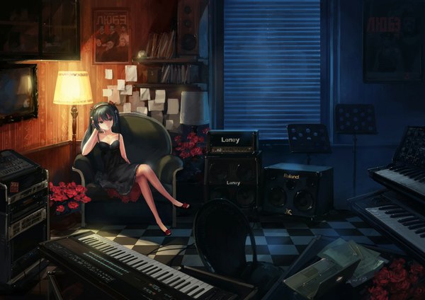 Anime picture 1052x744 with vocaloid hatsune miku hjl single long hair sitting twintails aqua eyes aqua hair checkered floor girl dress flower (flowers) shoes rose (roses) bouquet red rose armchair room speakers