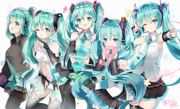 Anime picture 2039x1239 with vocaloid vocaloid append hatsune miku hatsune miku (append) hatsune miku (vocaloid4) hatsune miku (vocaloid3) hatsune miku (if) asahi kuroi long hair looking at viewer blush fringe highres open mouth simple background smile hair between eyes wide image white background twintails
