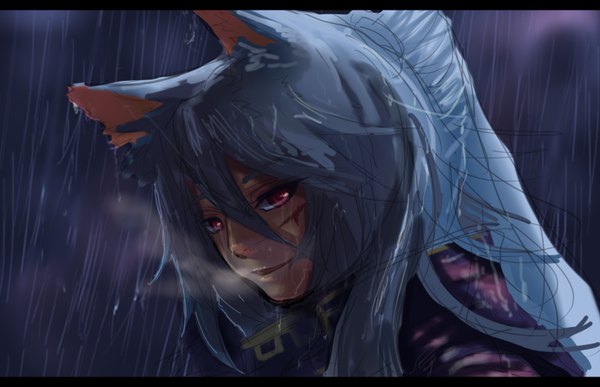 Anime picture 1600x1032 with original bakabakasii single long hair highres red eyes blue hair ponytail letterboxed scar rain sketch cold