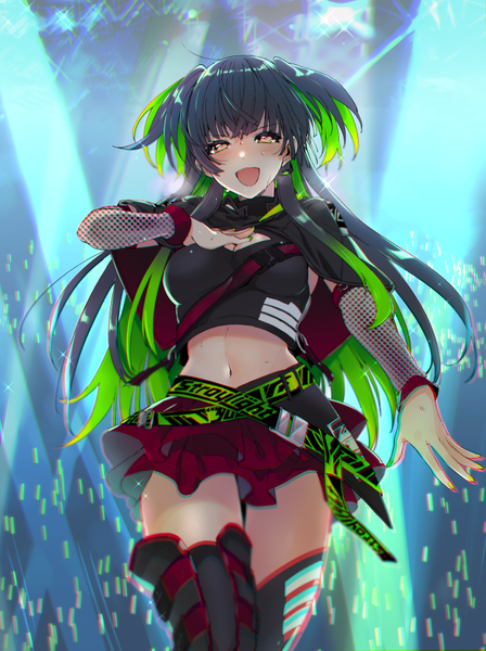 Anime picture 672x900 with idolmaster idolmaster shiny colors mayuzumi fuyuko shotan single long hair tall image looking at viewer blush fringe open mouth light erotic black hair smile hair between eyes standing yellow eyes :d multicolored hair green hair