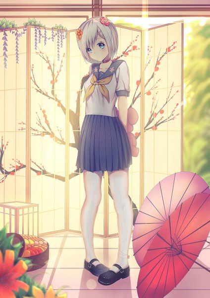 Anime picture 1000x1414 with kantai collection hamakaze destroyer kr (sapphire) single tall image looking at viewer blush fringe highres short hair blue eyes smile silver hair indoors head tilt pleated skirt hair flower sunlight blurry shadow