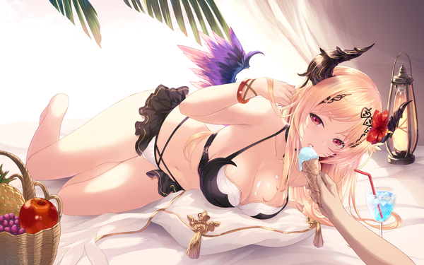 Anime picture 6236x3898 with shingeki no bahamut dark angel olivia cait long hair looking at viewer fringe highres breasts open mouth light erotic blonde hair red eyes large breasts holding absurdres full body lying barefoot hair flower horn (horns)