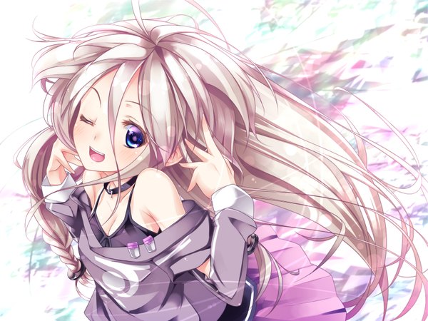Anime picture 1600x1200 with vocaloid ia (vocaloid) rozea (graphmelt) single blush fringe open mouth blonde hair bare shoulders braid (braids) very long hair one eye closed wink twin braids happy multicolored eyes girl